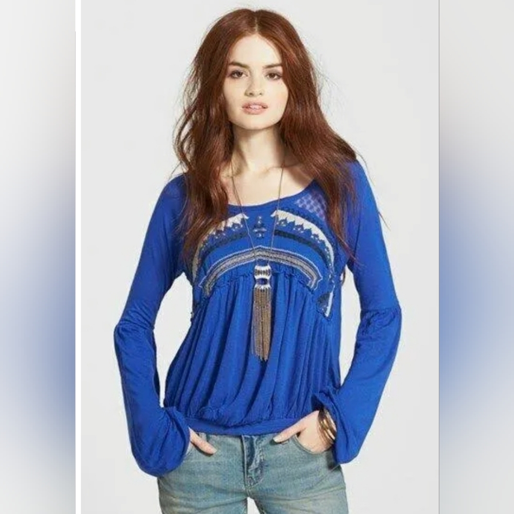 NWT Free People Blue Embroidered Top
